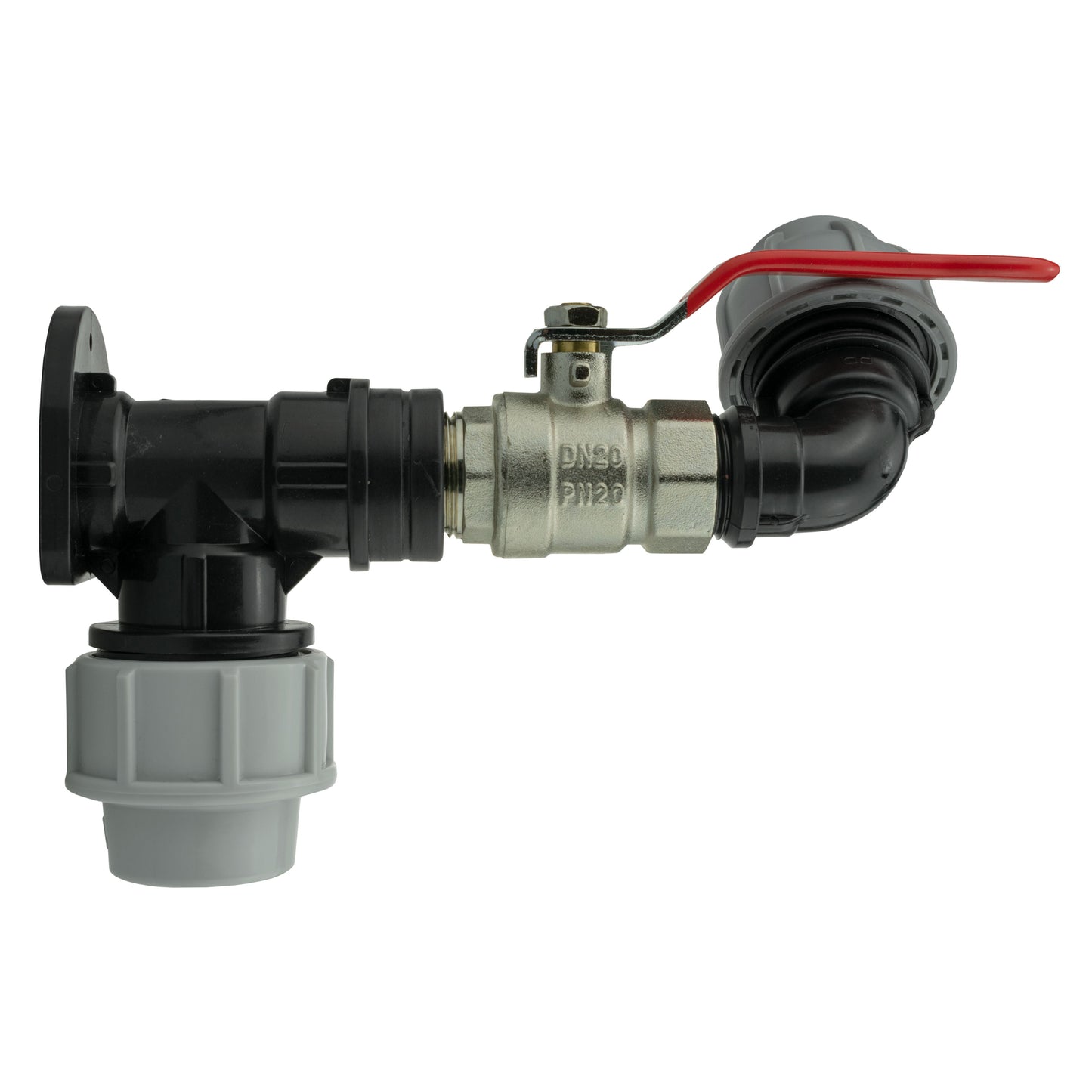 25mm MDPE Wall Flange Set with Lever Valve and 25mm MDPE Elbow Fitting