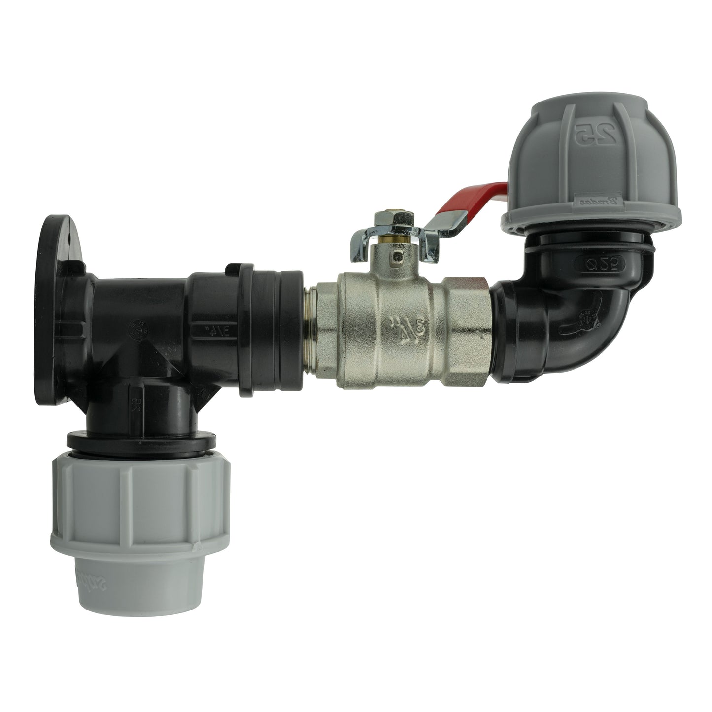 25mm MDPE Wall Flange Set with Lever Valve and 25mm MDPE Elbow Fitting