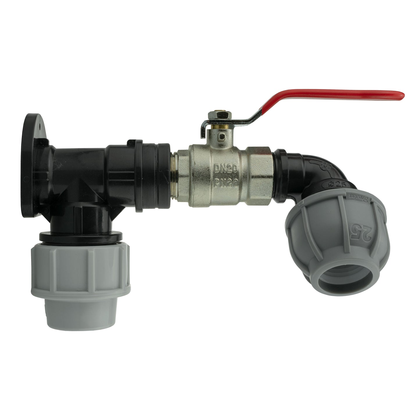 25mm MDPE Wall Flange Set with Lever Valve and 25mm MDPE Elbow Fitting