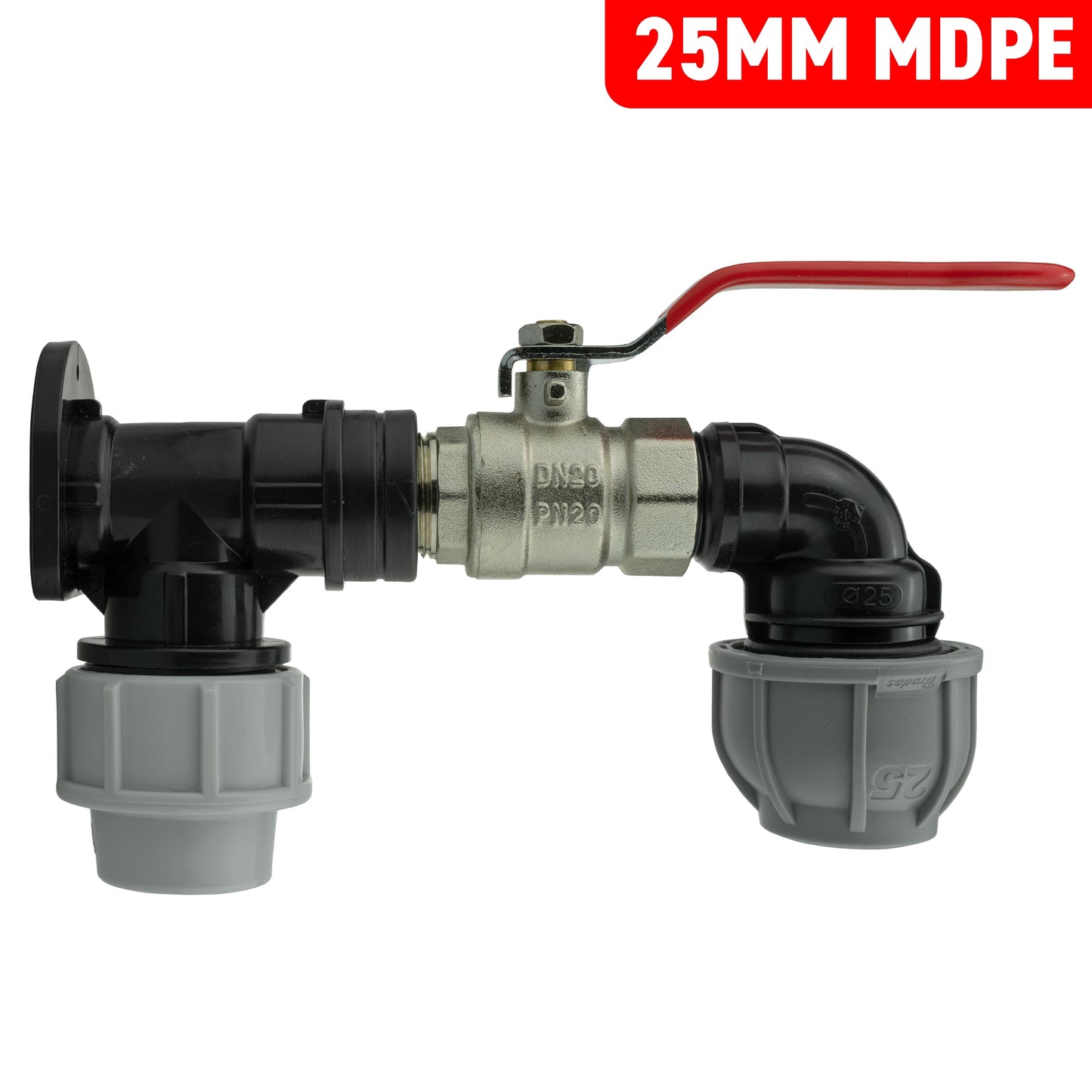 25mm MDPE Wall Flange Set with Lever Valve and 25mm MDPE Elbow Fitting