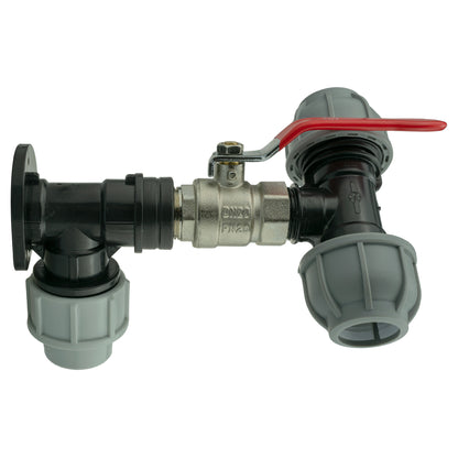 25mm MDPE Wall Flange Set with Lever Valve and 25mm MDPE Tee Connector