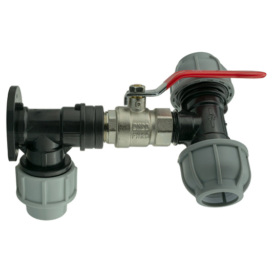 25mm MDPE Wall Flange Set with Lever Valve and 25mm MDPE Tee Connector