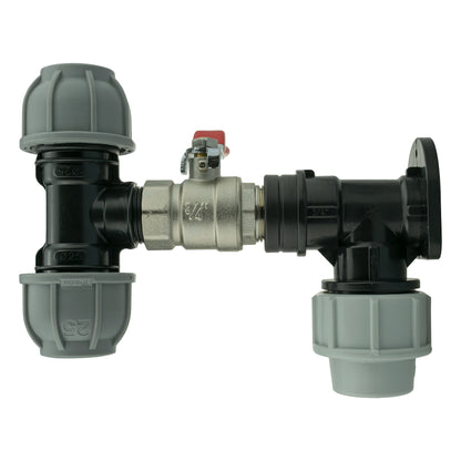 25mm MDPE Wall Flange Set with Lever Valve and 25mm MDPE Tee Connector