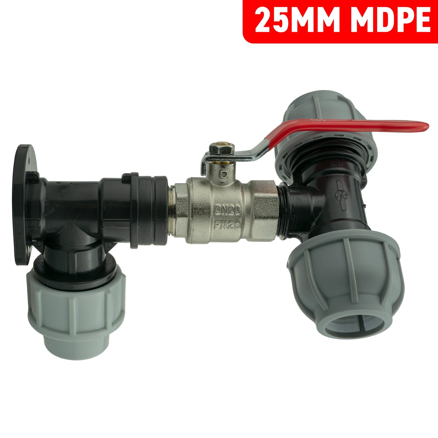 25mm MDPE Wall Flange Set with Lever Valve and 25mm MDPE Tee Connector
