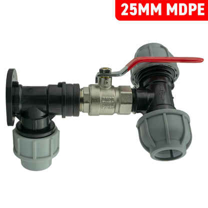 25mm MDPE Wall Flange Set with Lever Valve and 25mm MDPE Tee Connector