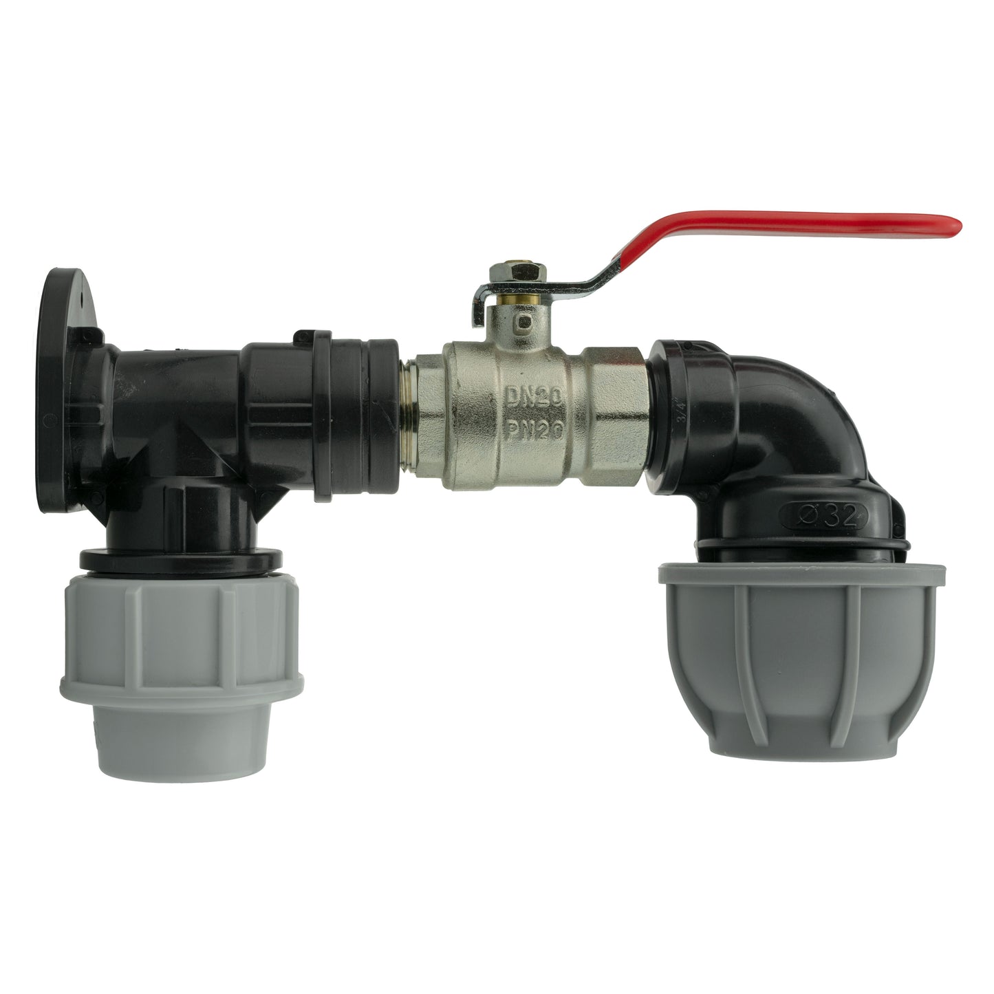 25mm MDPE Wall Flange Set with Lever Valve and 32mm MDPE Elbow Fitting