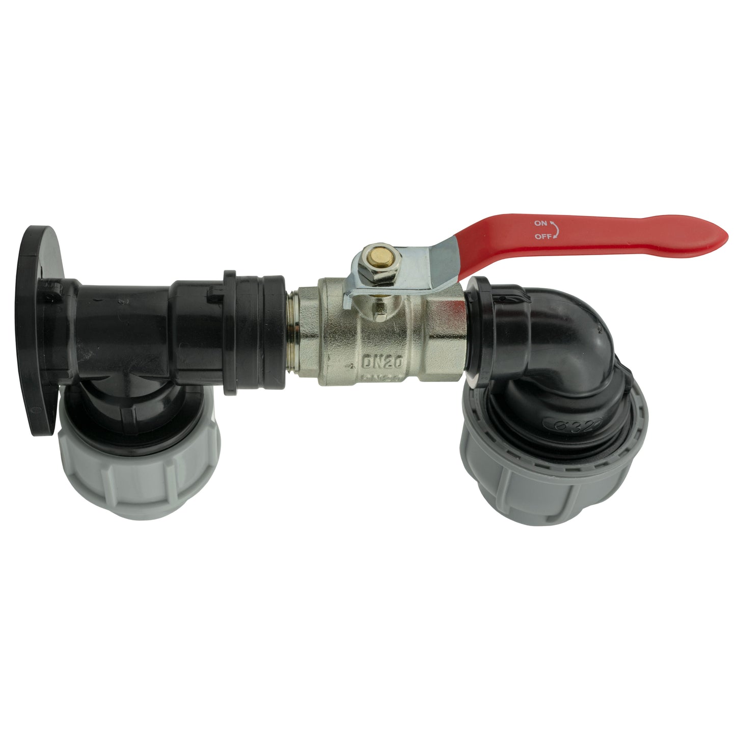 25mm MDPE Wall Flange Set with Lever Valve and 32mm MDPE Elbow Fitting