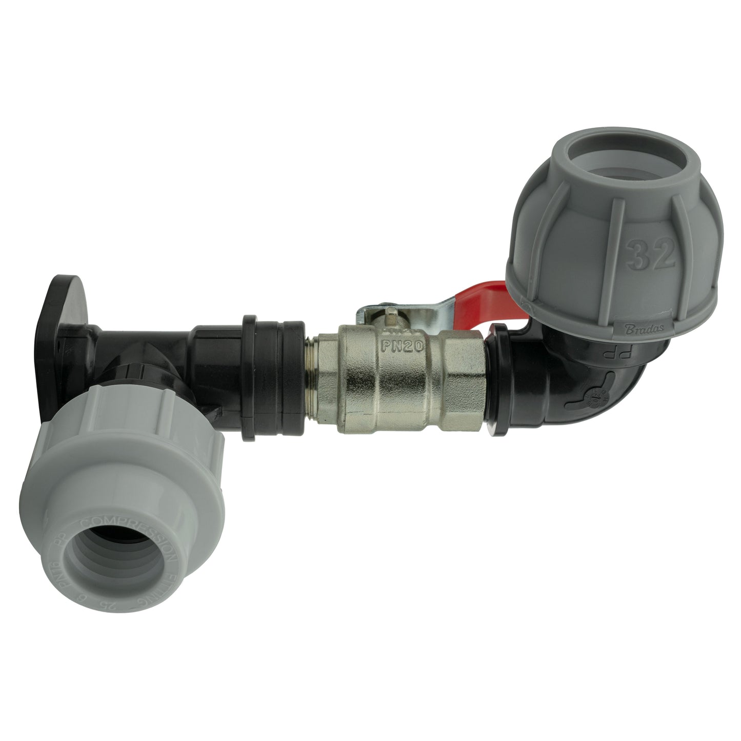 25mm MDPE Wall Flange Set with Lever Valve and 32mm MDPE Elbow Fitting