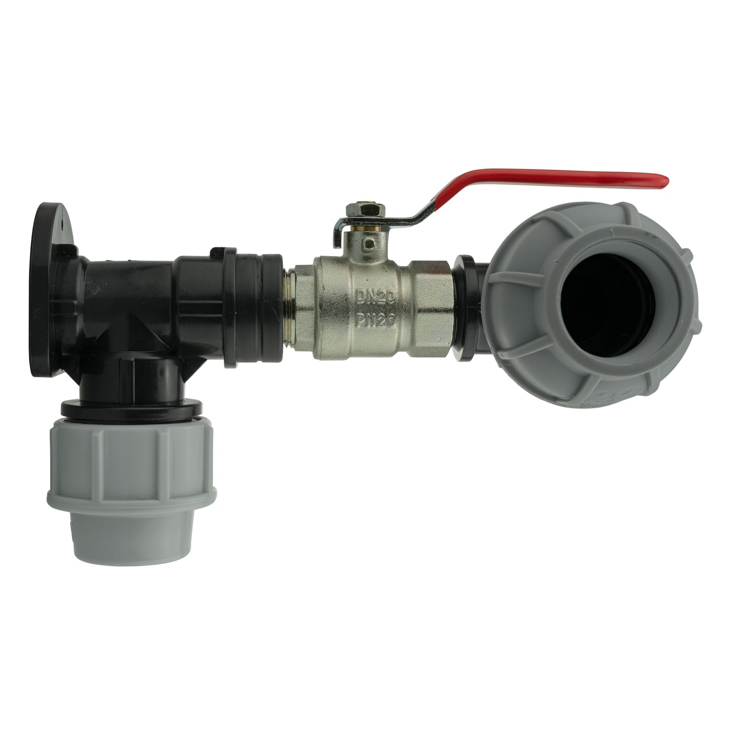 25mm MDPE Wall Flange Set with Lever Valve and 32mm MDPE Elbow Fitting