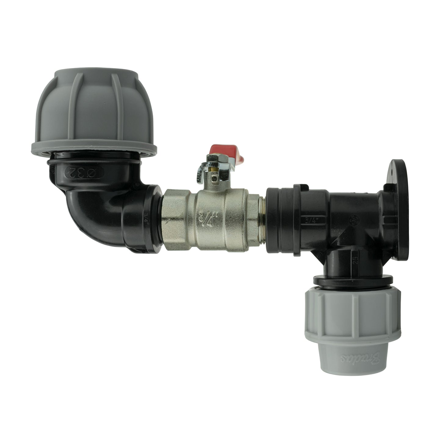 25mm MDPE Wall Flange Set with Lever Valve and 32mm MDPE Elbow Fitting