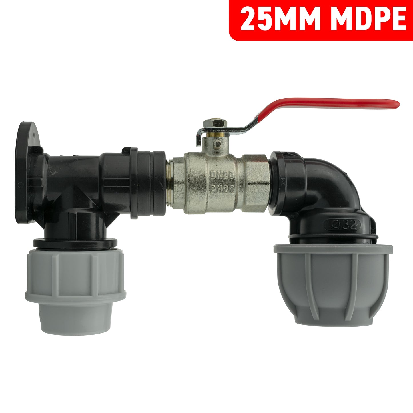 25mm MDPE Wall Flange Set with Lever Valve and 32mm MDPE Elbow Fitting