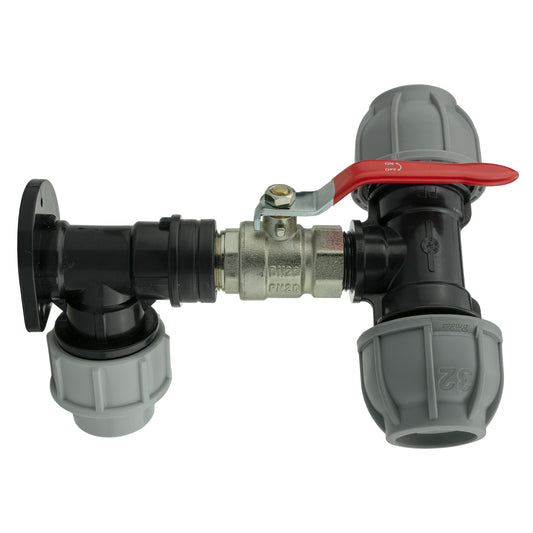 Wall Flange Set 25mm MDPE with Lever Valve and 32mm MDPE Tee Fitting
