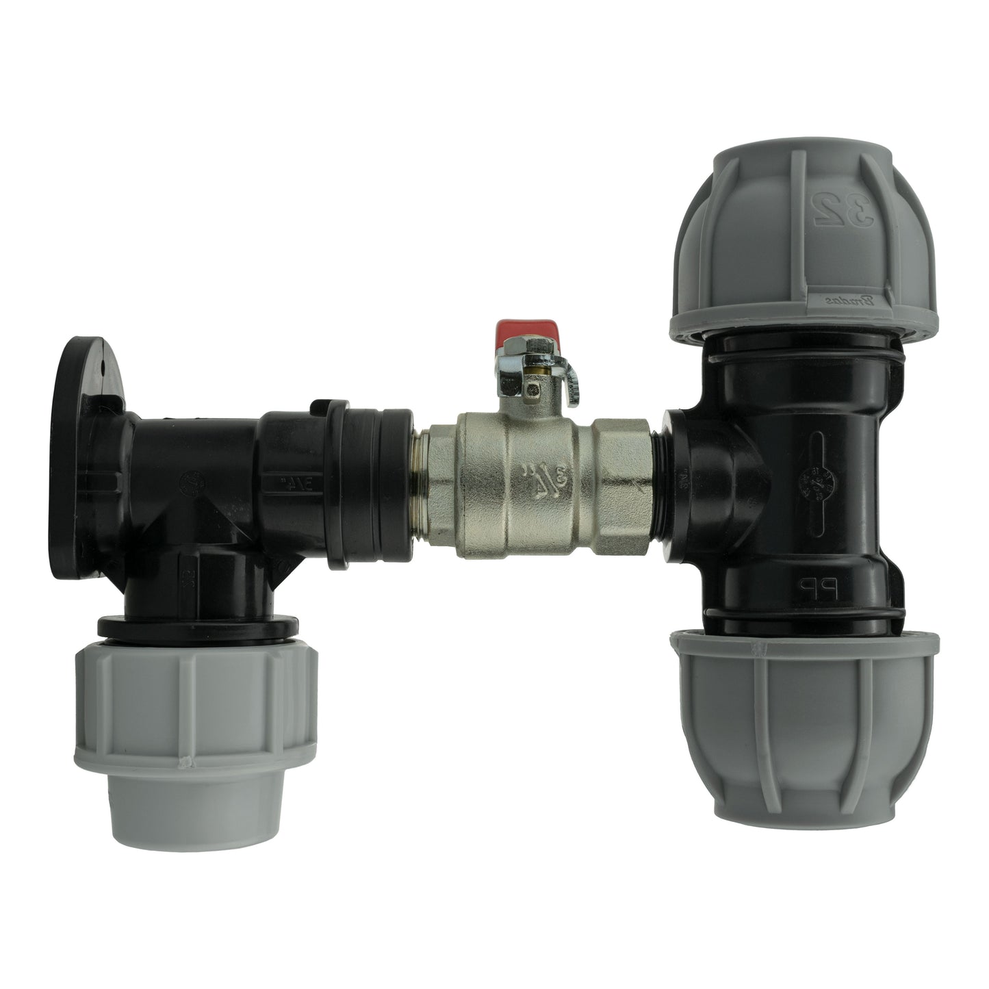 Wall Flange Set 25mm MDPE with Lever Valve and 32mm MDPE Tee Fitting