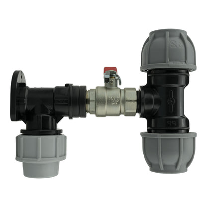 Wall Flange Set 25mm MDPE with Lever Valve and 32mm MDPE Tee Fitting