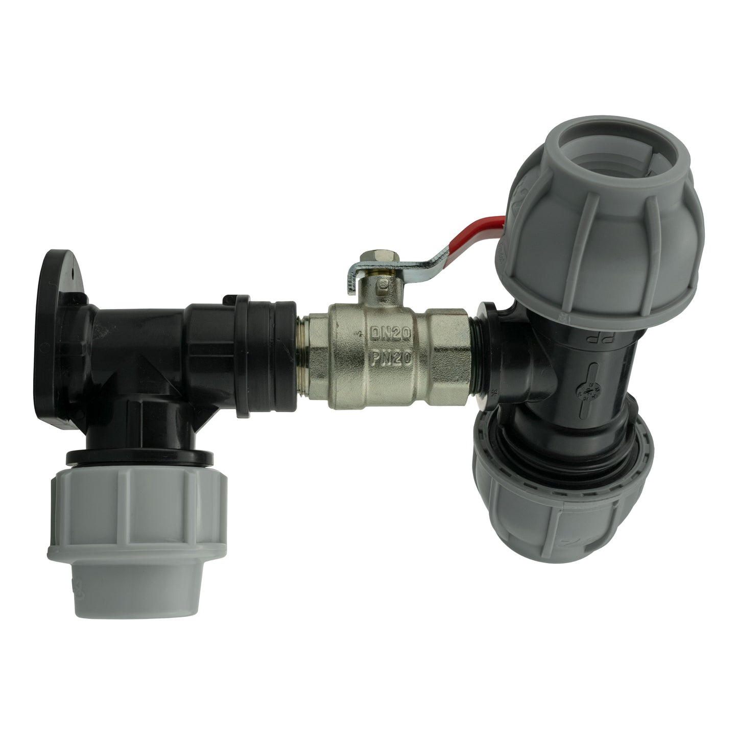 Wall Flange Set 25mm MDPE with Lever Valve and 32mm MDPE Tee Fitting