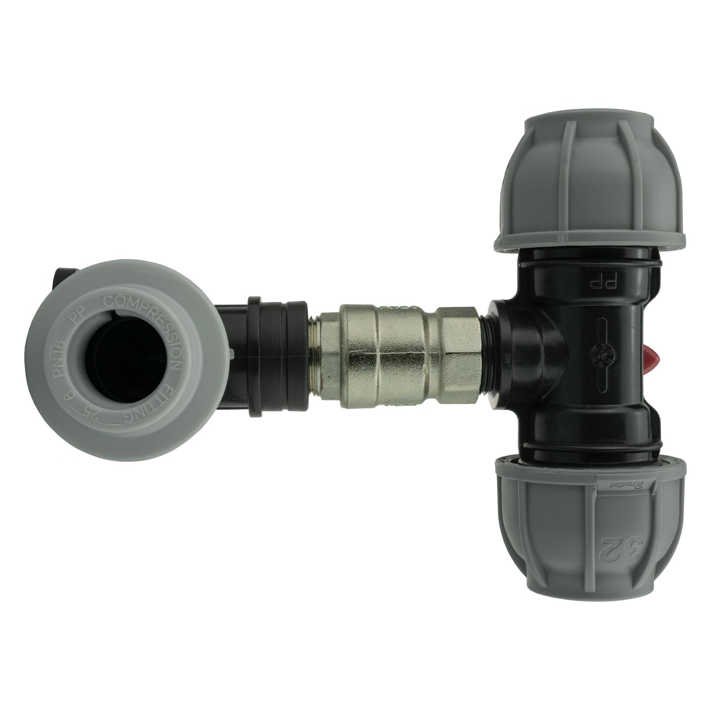 Wall Flange Set 25mm MDPE with Lever Valve and 32mm MDPE Tee Fitting