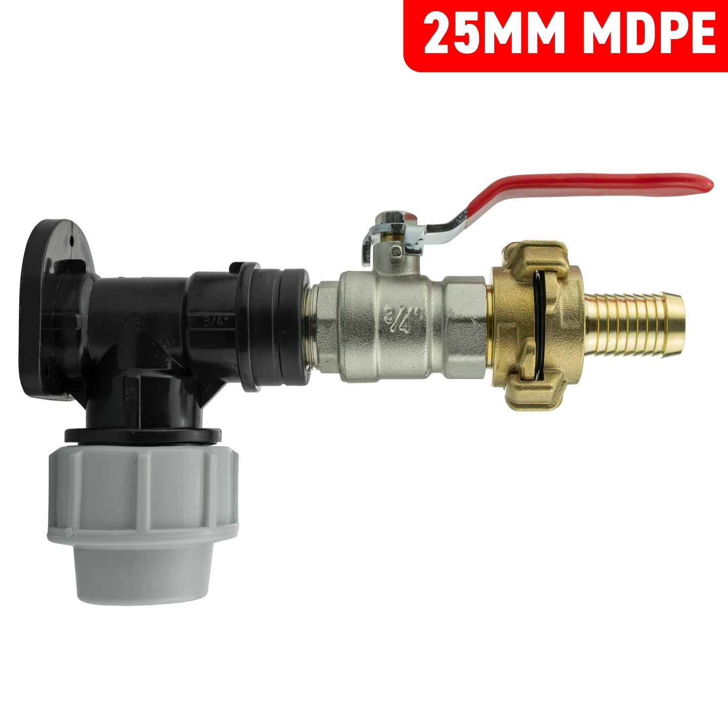 25mm MDPE Wall Flange Set with Lever Valve and 19mm Barbed Geka Connectors