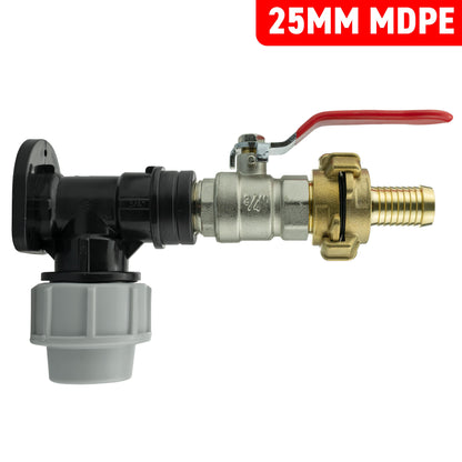 25mm MDPE Wall Flange Set with Lever Valve and 19mm Barbed Geka Connectors
