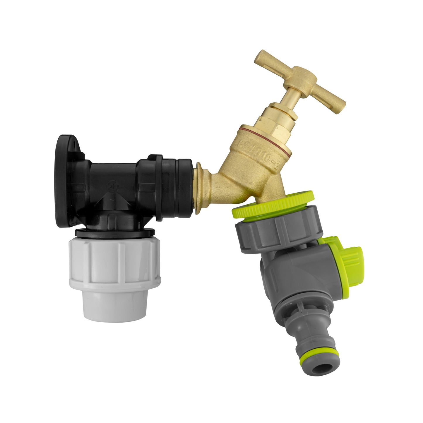 25mm MDPE Wall Flange Set with Brass Bib Tap and Dual Tap Lime Splitter
