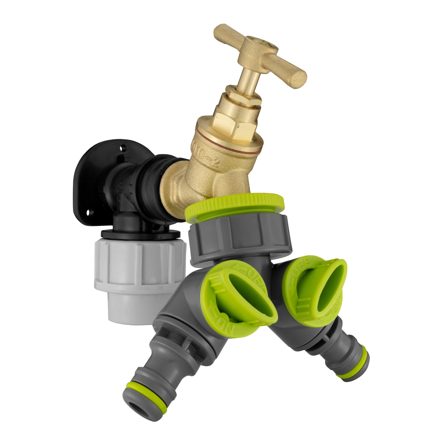 25mm MDPE Wall Flange Set with Brass Bib Tap and Dual Tap Lime Splitter