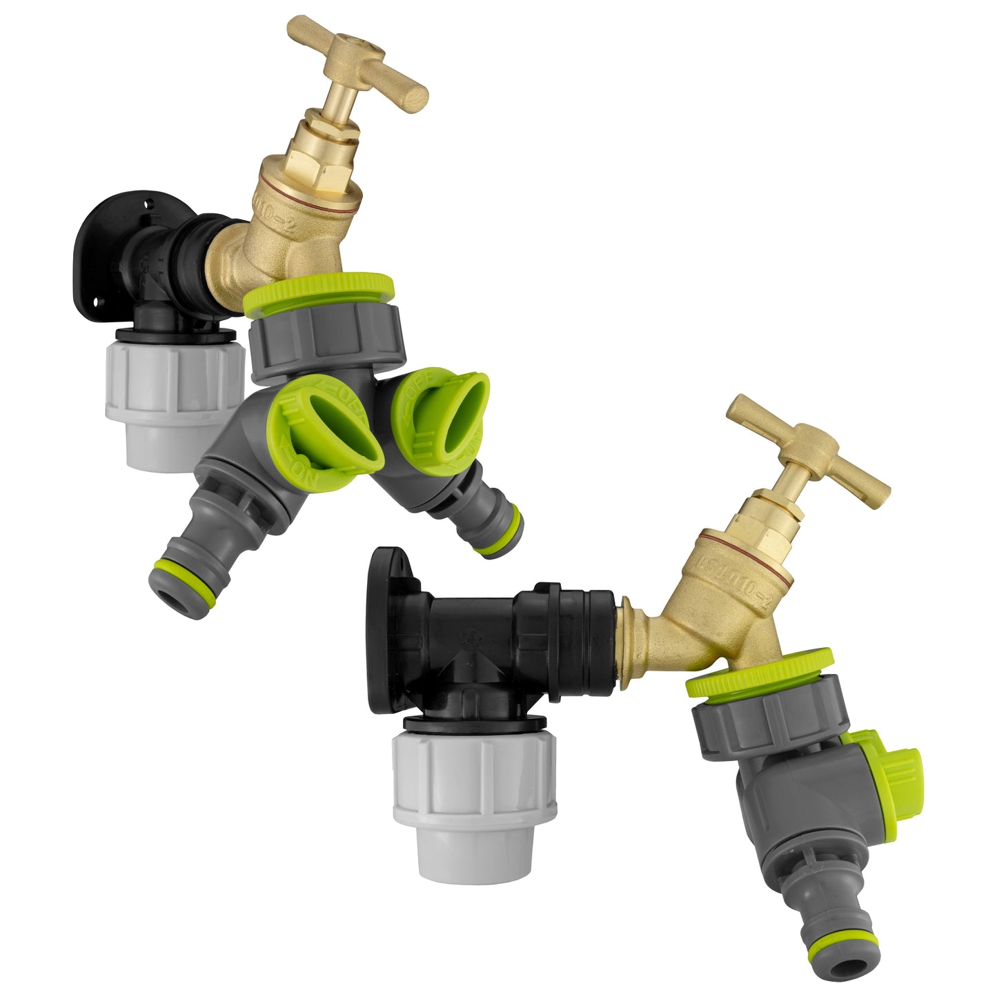 25mm MDPE Wall Flange Set with Brass Bib Tap and Dual Tap Lime Splitter