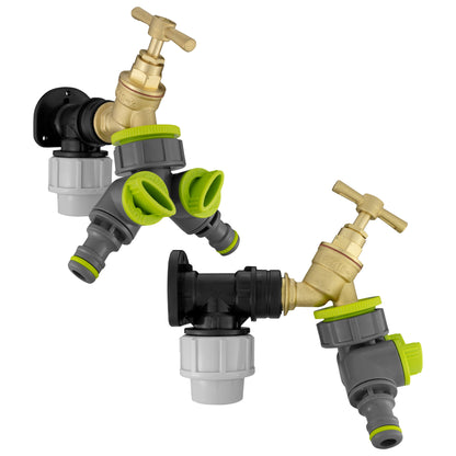 25mm MDPE Wall Flange Set with Brass Bib Tap and Dual Tap Lime Splitter