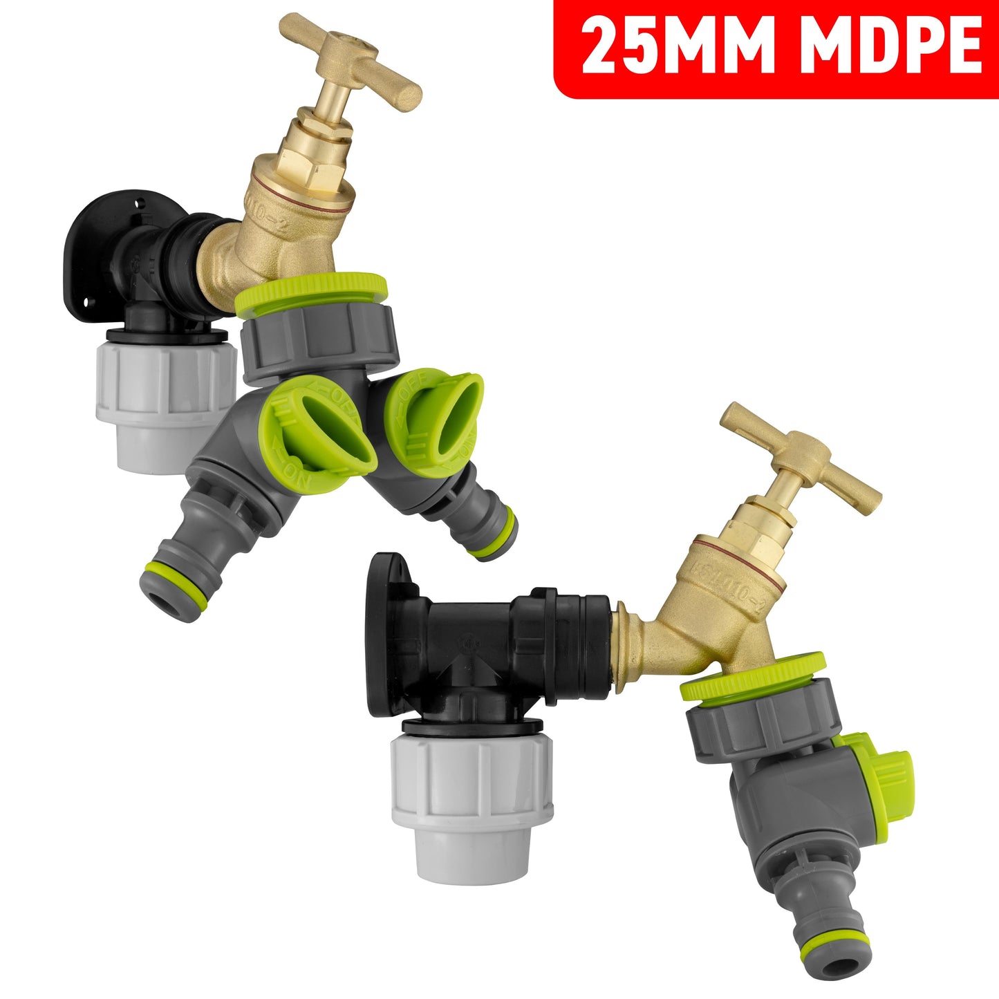 25mm MDPE Wall Flange Set with Brass Bib Tap and Dual Tap Lime Splitter