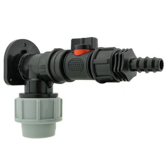 25mm MDPE Wall Flange Set with In-Line Valve and 1/2” Barb Fitting