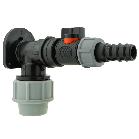 25mm MDPE Wall Flange Set with In-Line Valve and 20mm Barb Fitting