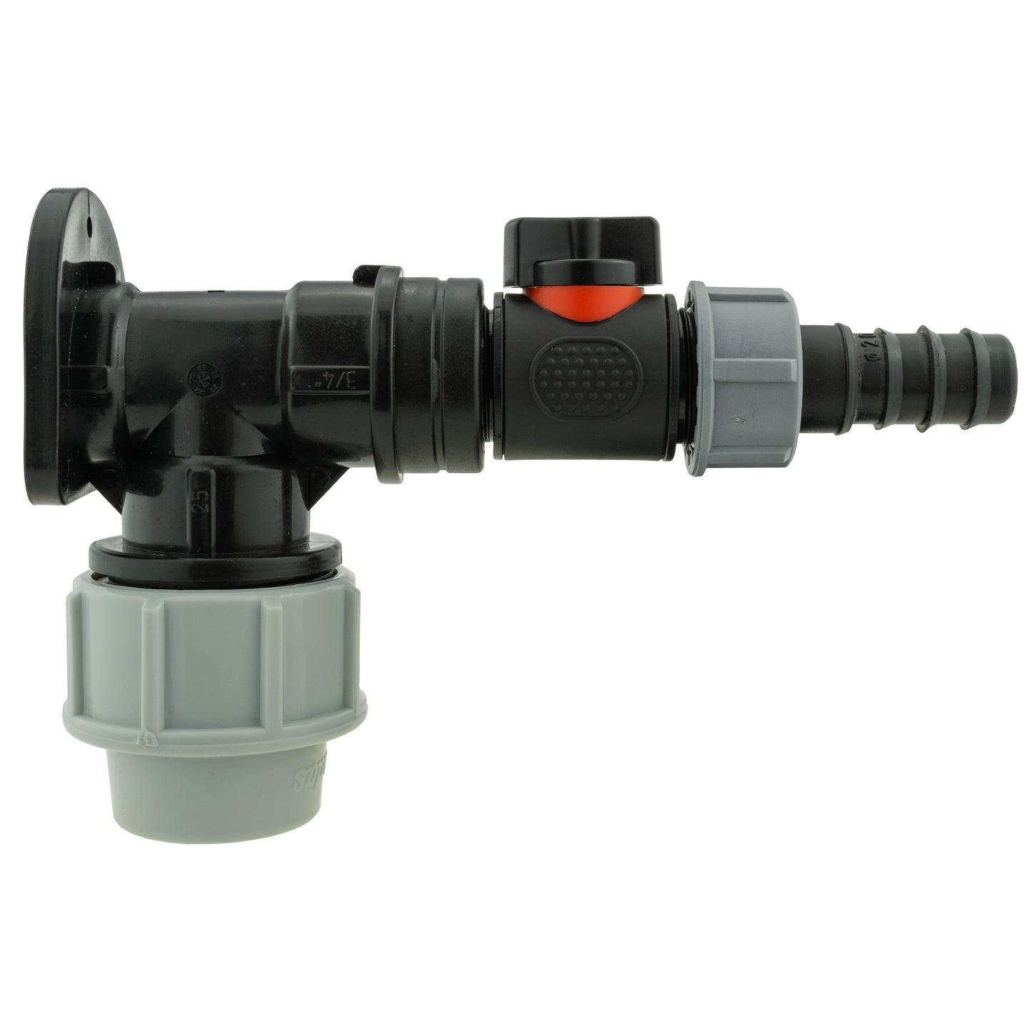 25mm MDPE Wall Flange Set with In-Line Valve and 20mm Barb Fitting