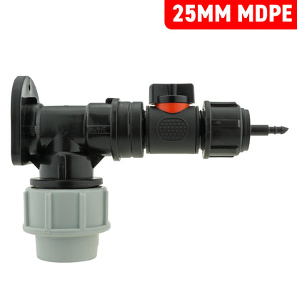 25mm MDPE Wall Flange Set with In-Line Valve and 4mm Micro Barb Fitting