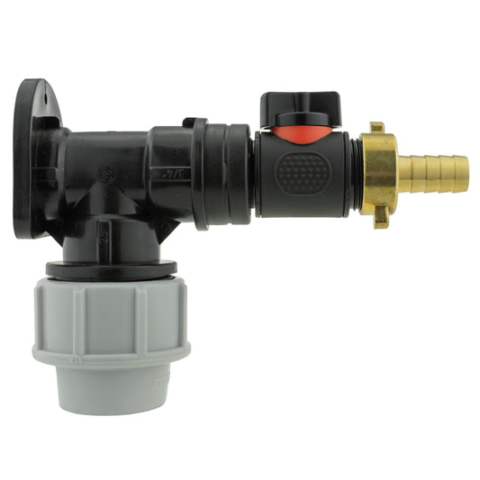 25mm MDPE Wall Flange Set with In-Line Valve and 13mm Brass Barb Fitting