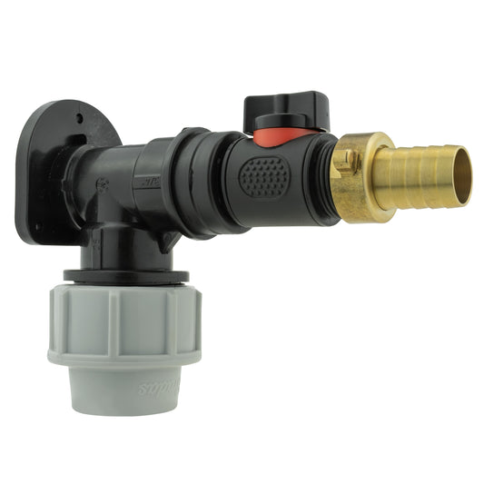 25mm MDPE Wall Flange Set with In-Line Valve and 19mm Brass Barb Fitting