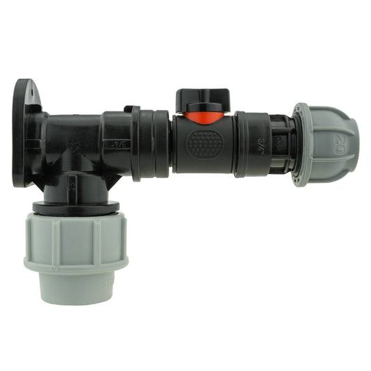 25mm MDPE Wall Flange Set with In-Line Valve and Pipe Joiner