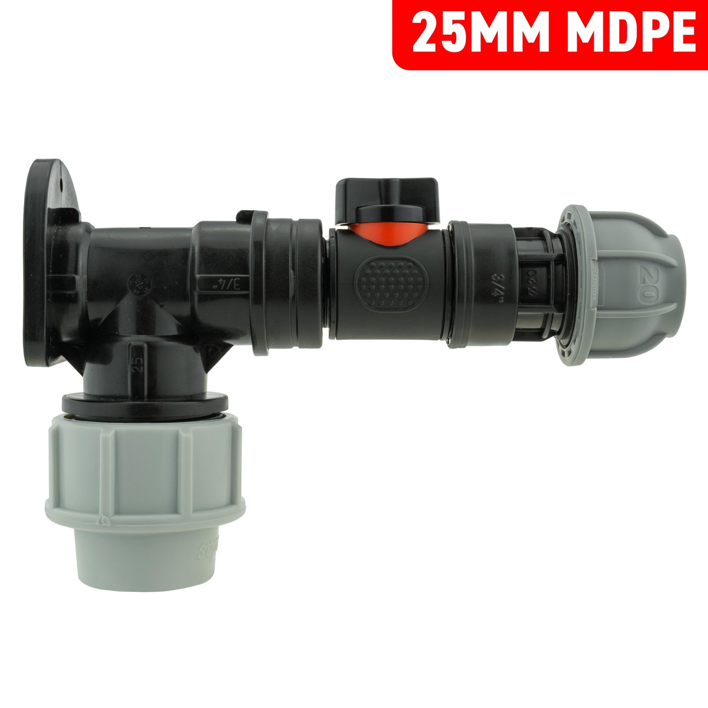 25mm MDPE Wall Flange Set with In-Line Valve and Pipe Joiner
