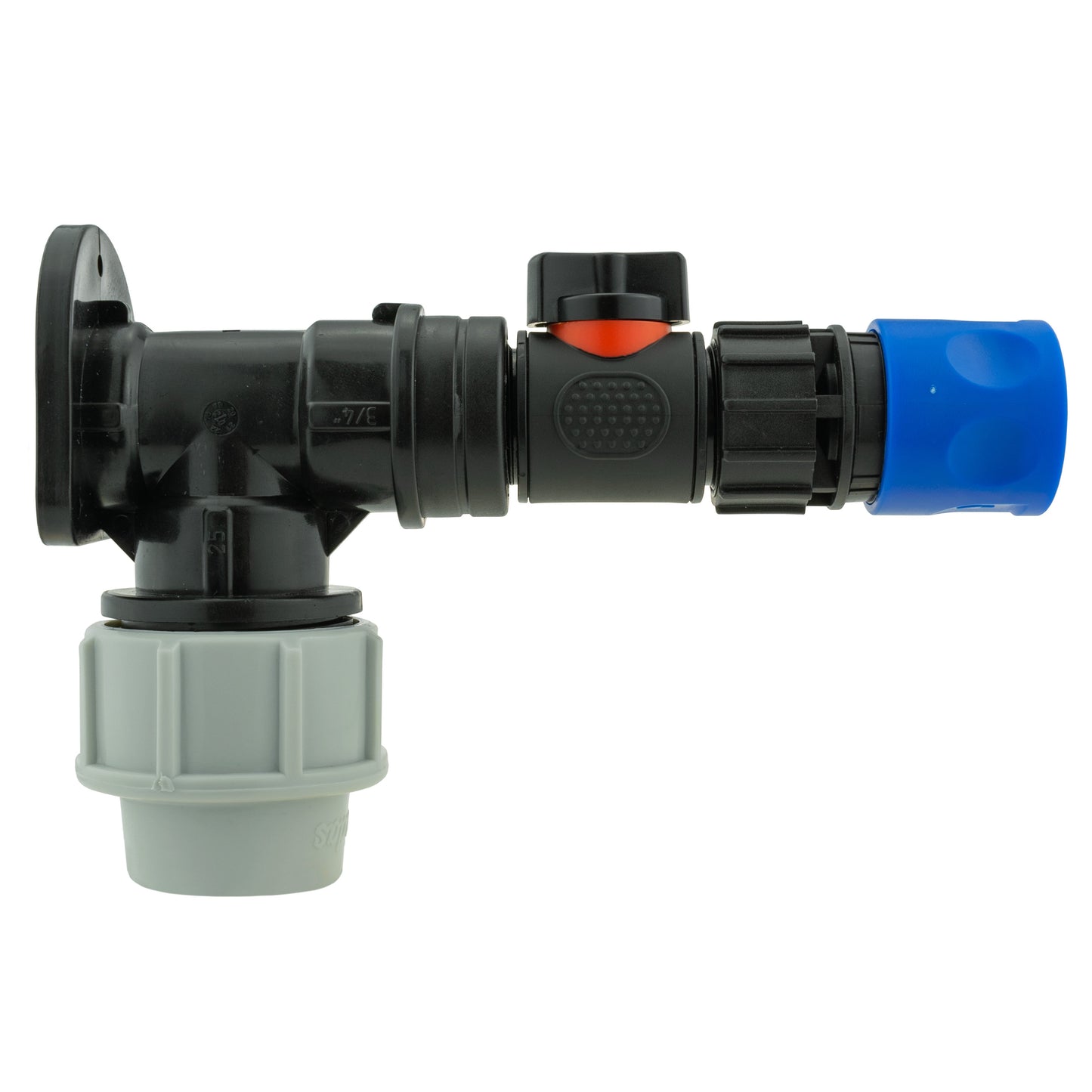 25mm MDPE Wall Flange Set Including In-Line Valve and Quick-Connect Female Fitting