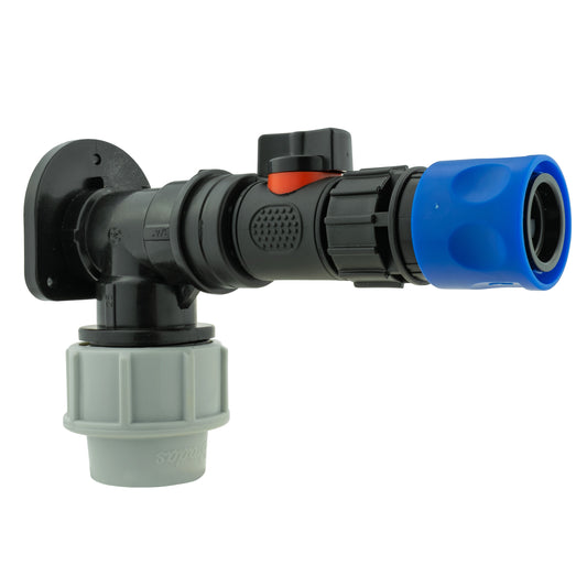 25mm MDPE Wall Flange Set Including In-Line Valve and Quick-Connect Female Fitting