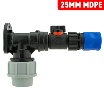 25mm MDPE Wall Flange Set Including In-Line Valve and Quick-Connect Female Fitting