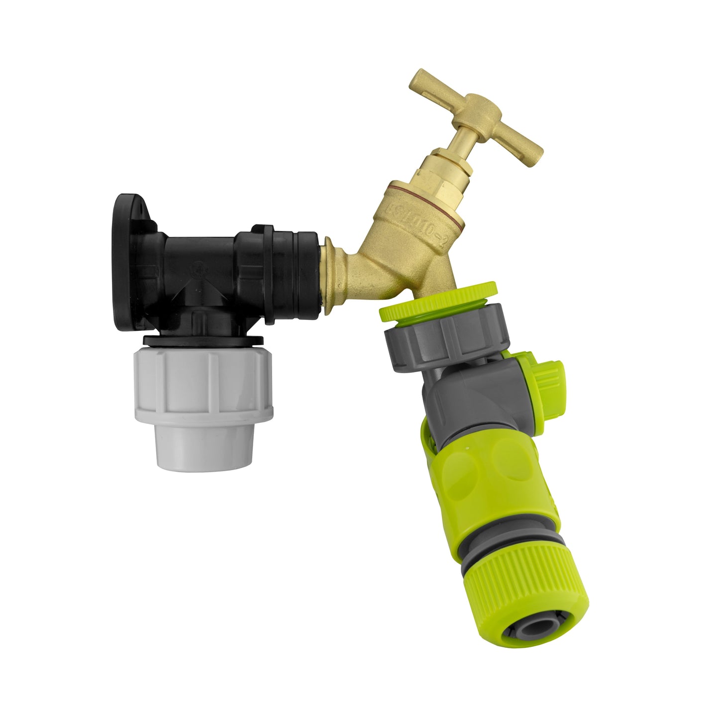 25mm MDPE Wall Flange Set Complete with Brass Bib Tap, Dual Outlet Splitter and Fittings