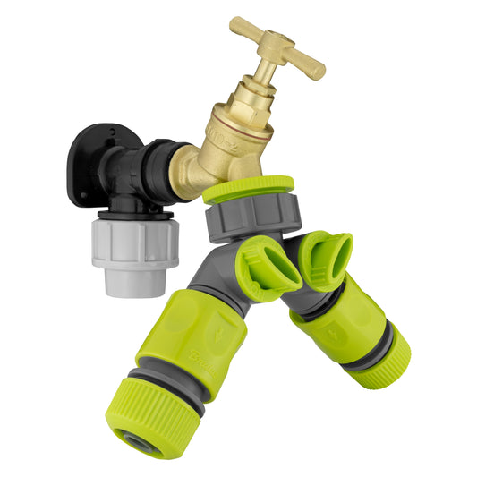 25mm MDPE Wall Flange Set Complete with Brass Bib Tap, Dual Outlet Splitter and Fittings