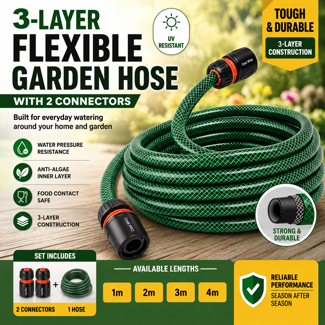 Green _ Premium 3 Layer Garden Hose Pipe Watering Hose & 2 Hose Connectors