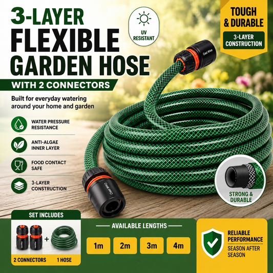 Green _ Premium 3 Layer Garden Hose Pipe Watering Hose & 2 Hose Connectors