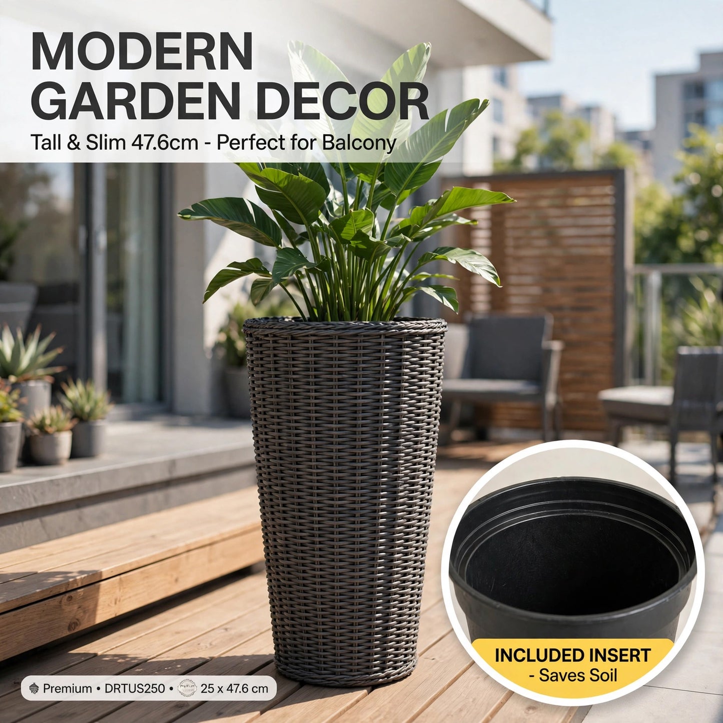 Large Tall Outdoor Flowerpot Anthracite 25cm Rattan Effect Planter With Insert