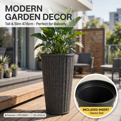 Large Tall Outdoor Flowerpot Anthracite 25cm Rattan Effect Planter With Insert