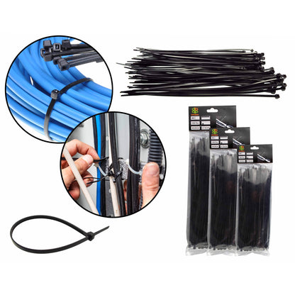 100 x Black Cable Ties – 2.5mm x 200mm Nylon Zip Ties
