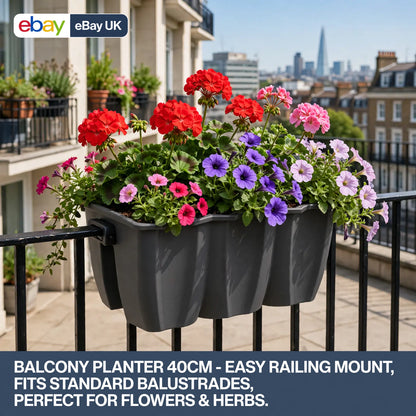 Garden Balcony Rail Planter 12L Anhracite Flower Pot Fits Railings 6.5cm