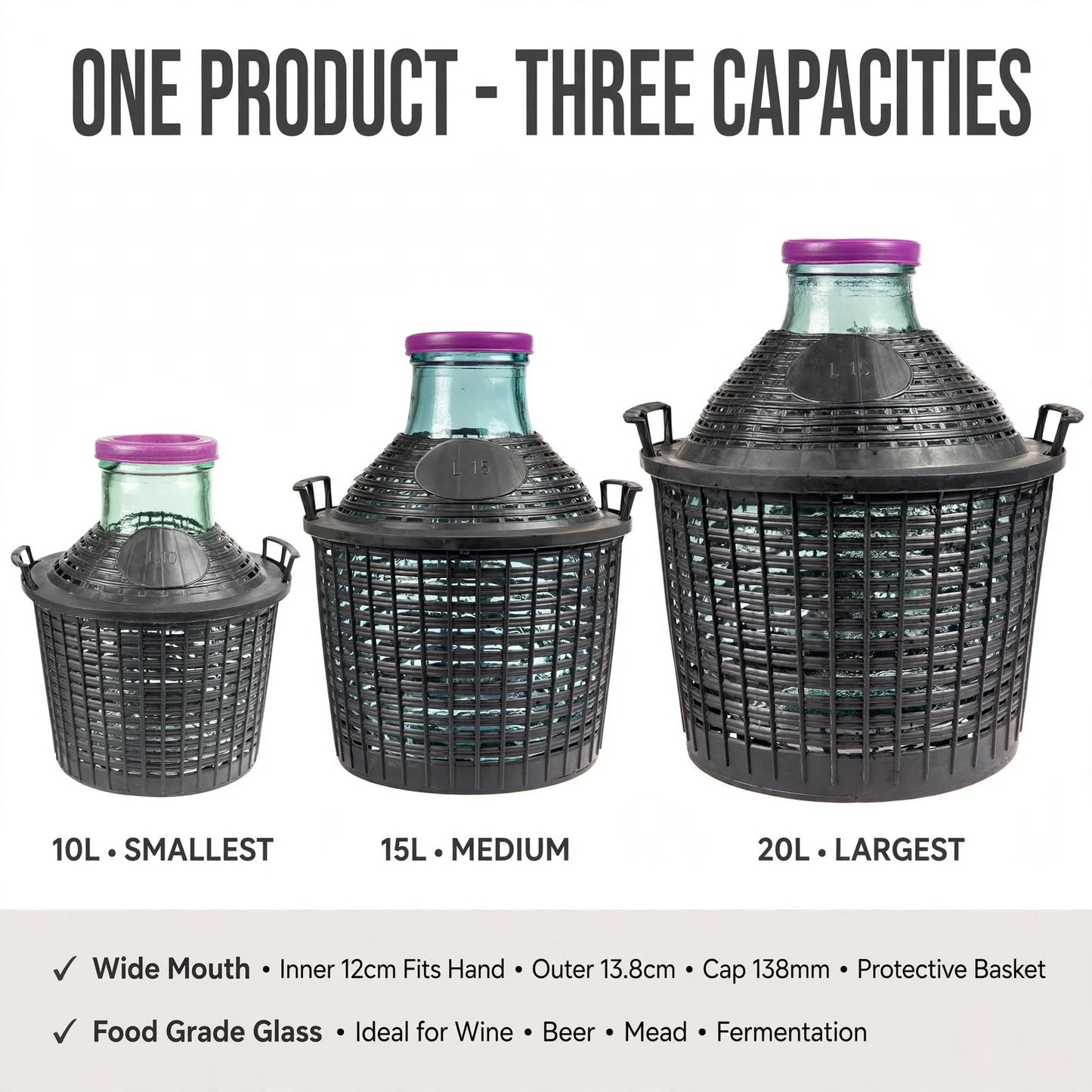 Glass Demijohn 10L 15L 20L Wide Mouth With Plastic Basket + Lid For Wine Making