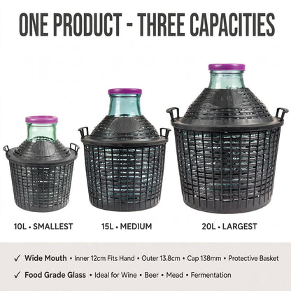 Glass Demijohn 10L 15L 20L Wide Mouth With Plastic Basket + Lid For Wine Making