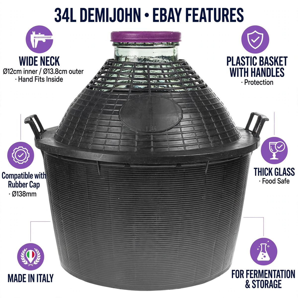 Glass Demijohn 10/15/20/25/34L Wide Neck Wine Beer Fermentation with Basket