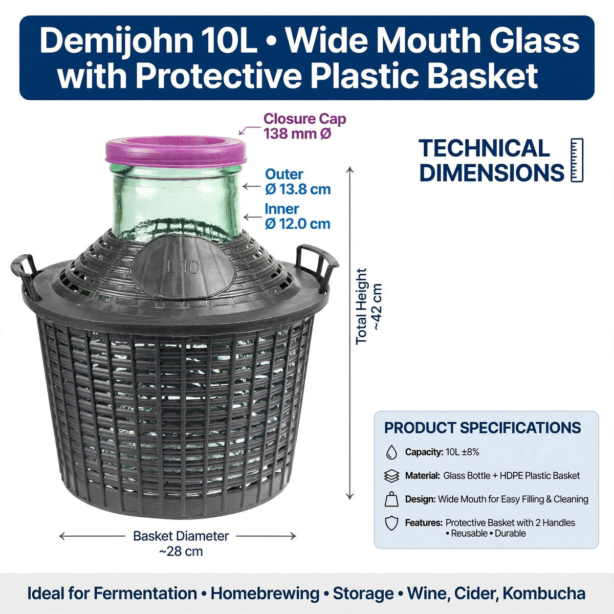 Glass Demijohn 10L 15L 20L Wide Mouth With Plastic Basket + Lid For Wine Making